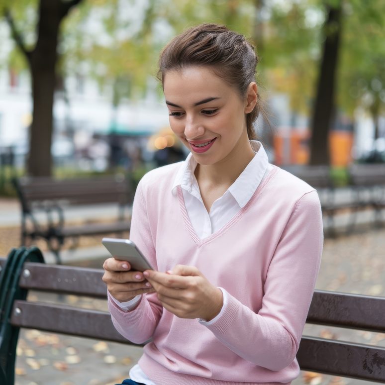 A woman on a park bench reading results on her phone