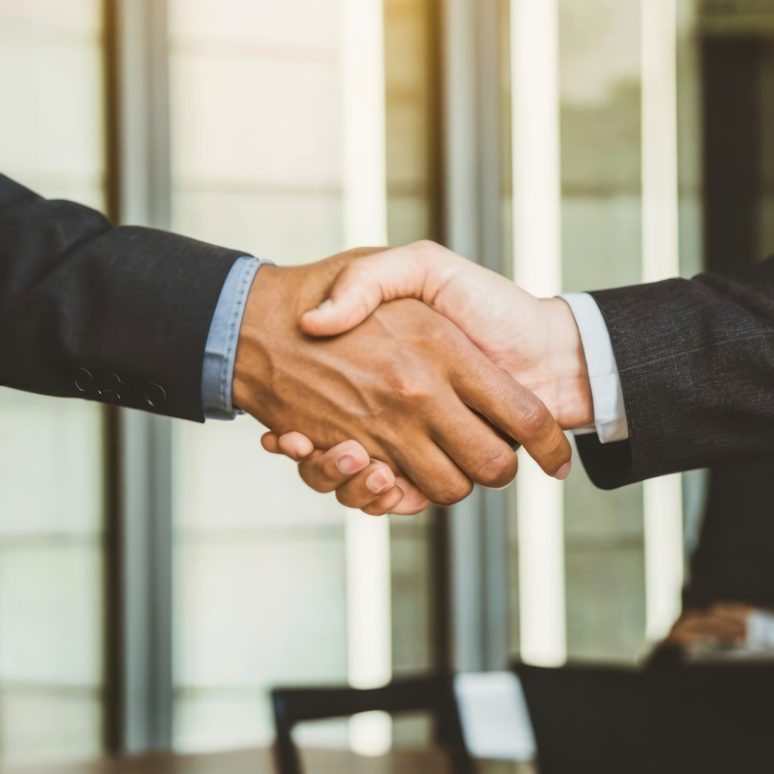 Two people shaking hands in an office